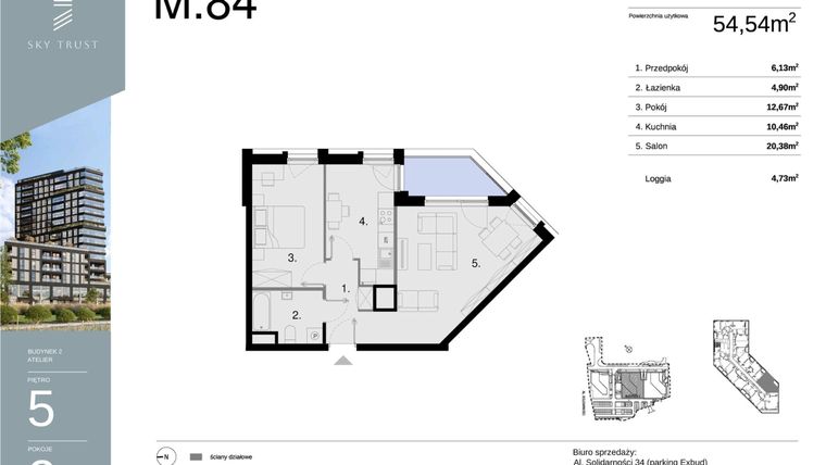 Rzut - Mieszkanie na sprzedaż 2 pokoje o powierzchni 54,54 m² - numer M84 w Sky Trust etap II