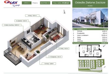 Rzut - Mieszkanie na sprzedaż 3 pokoje o powierzchni 57,89 m² - numer 12A w Rumia Osiedle Zielone Zacisze