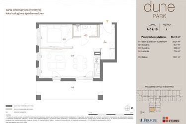 Rzut - Mieszkanie na sprzedaż 2 pokoje o powierzchni 46,41 m² - numer A 01.15 w DUNE Park