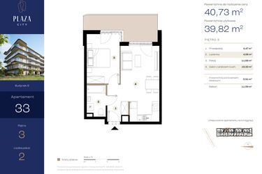 Rzut - Mieszkanie na sprzedaż 2 pokoje o powierzchni 40,73 m² - numer B6M33 w Plaza City