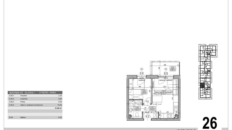 Rzut - Mieszkanie na sprzedaż 2 pokoje o powierzchni 31,06 m² - numer A.9.M.26 w Sobola Biel A9