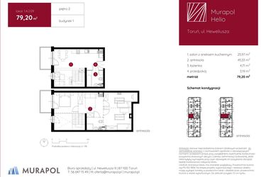 Rzut - Mieszkanie na sprzedaż 1 pokój o powierzchni 79,2 m² - numer 1.A.2.09 w Murapol Helio bud. 1 i 4