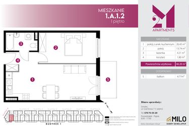 Rzut - Mieszkanie na sprzedaż 2 pokoje o powierzchni 46,2 m² - numer 1.A.1.2 w Maślice Wrocław Milo Dobry Deweloper etap IV