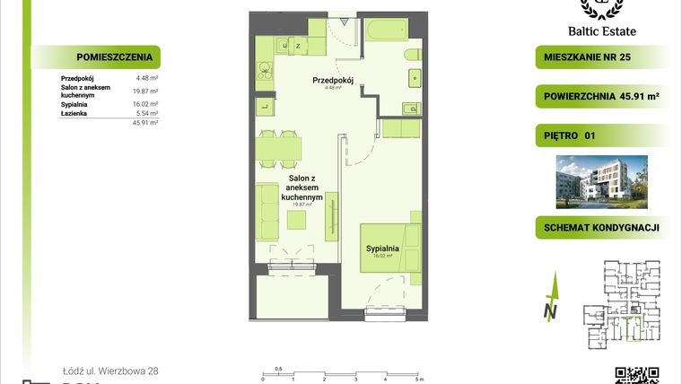 Rzut - Mieszkanie na sprzedaż 2 pokoje o powierzchni 45,53 m² - numer 01.M.25 w Dom Architekta