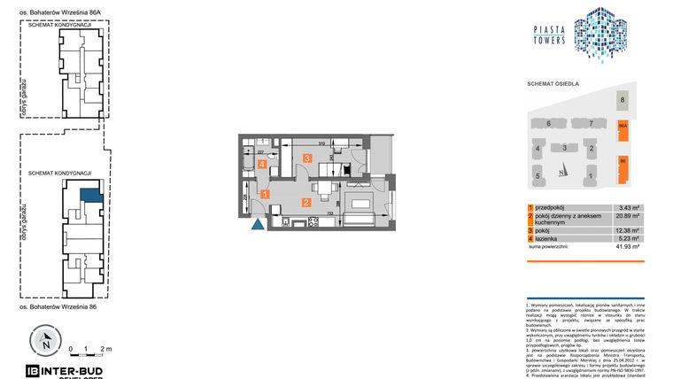 Rzut - Mieszkanie na sprzedaż 2 pokoje o powierzchni 41,93 m² - numer 86.47 w Piasta Towers bud. 86 i 86A