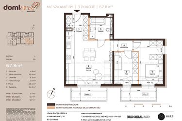 Rzut - Mieszkanie na sprzedaż 3 pokoje o powierzchni 67,8 m² - numer D5 w Domkove Widzew