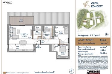 Rzut - Mieszkanie na sprzedaż 3 pokoje o powierzchni 88,93 m² - numer B1.3.1 w Oliva Koncept II