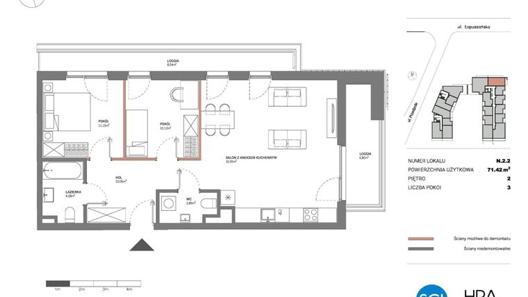 Rzut - Mieszkanie na sprzedaż 3 pokoje o powierzchni 71,42 m² - numer N.2.2 w Łopuszańska 47 - etap 4