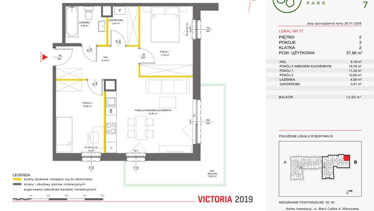 Rzut - Mieszkanie na sprzedaż 3 pokoje o powierzchni 57,77 m² - numer 77 w Olchowy Park VII