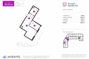 Rzut - Mieszkanie na sprzedaż 2 pokoje o powierzchni 33,59 m² - numer 2.B.1.06 w Murapol Osiedle Filo etap II