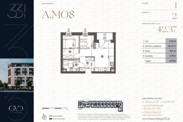 Rzut - Mieszkanie na sprzedaż 2 pokoje o powierzchni 42,37 m² - numer A.M08 w Kopcińskiego 33