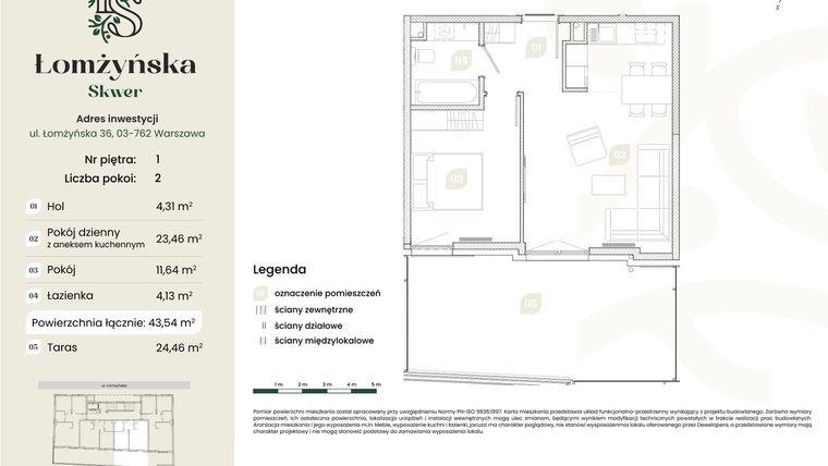Rzut - Mieszkanie na sprzedaż 2 pokoje o powierzchni 43,57 m² - numer 3 w Łomżyńska Skwer