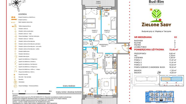 Rzut - Mieszkanie na sprzedaż 4 pokoje o powierzchni 72,4 m² - numer 63 w Zielone Sady etap II