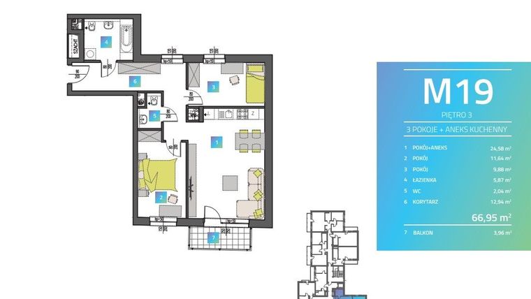 Rzut - Mieszkanie na sprzedaż 3 pokoje o powierzchni 67,66 m² - numer M19 w Mi9