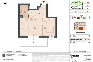 Rzut - Mieszkanie na sprzedaż 2 pokoje o powierzchni 46,21 m² - numer 24B w Ogrody Andersena