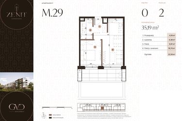Rzut - Mieszkanie na sprzedaż 2 pokoje o powierzchni 35,19 m² - numer M29 w Zenit Głowackiego