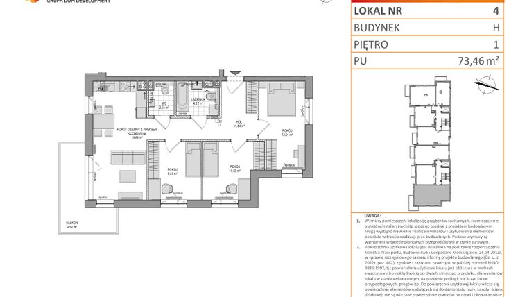 Rzut - Mieszkanie na sprzedaż 4 pokoje o powierzchni 73,46 m² - numer 1_3_H_MK_4 w WIDOKI etap III