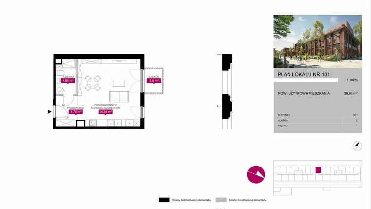 Rzut - Mieszkanie na sprzedaż 1 pokój o powierzchni 39,99 m² - numer G1.101 w Fuzja Mieszkania Loftowe