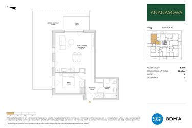 Rzut - Mieszkanie na sprzedaż 2 pokoje o powierzchni 50,54 m² - numer E.0.06 w Ananasowa