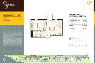 Rzut - Mieszkanie na sprzedaż 2 pokoje o powierzchni 45,39 m² - numer B.117 w Conrada 27