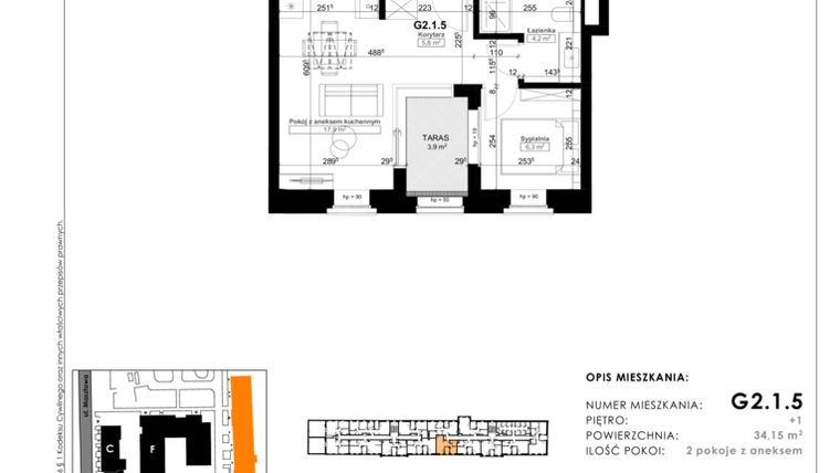 Rzut - Mieszkanie na sprzedaż 2 pokoje o powierzchni 34,15 m² - numer G2.1.5 w Nowy Folwark