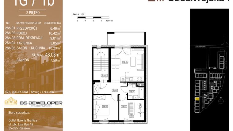 Rzut - Mieszkanie na sprzedaż 3 pokoje o powierzchni 48,03 m² - numer 1G/1b w Budziwojska 3