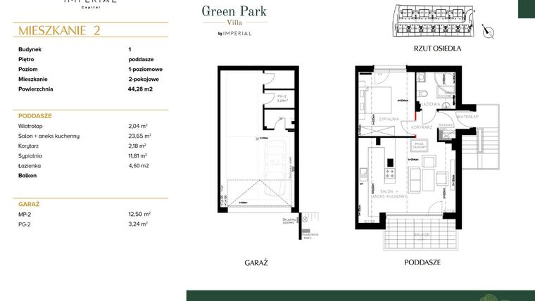Rzut - Mieszkanie na sprzedaż 2 pokoje o powierzchni 44,28 m² - numer B1M2 w Green Park Villa etap III