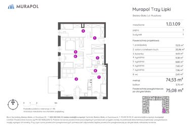 Rzut - Mieszkanie na sprzedaż 5 pokoi o powierzchni 75,08 m² - numer 1.B.1.09 w Murapol Trzy Lipki