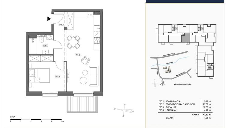 Rzut - Mieszkanie na sprzedaż 2 pokoje o powierzchni 47,3 m² - numer A.205 w Nowa Młynówka