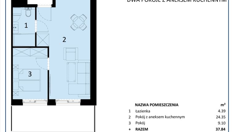 Rzut - Mieszkanie na sprzedaż 2 pokoje o powierzchni 37,85 m² - numer C.204 w Perłowa Przystań - Sianożęty - etap III