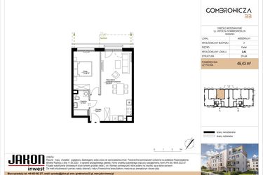 Rzut - Mieszkanie na sprzedaż 2 pokoje o powierzchni 49,43 m² - numer 2.A3 w Gombrowicza 33 - etap II