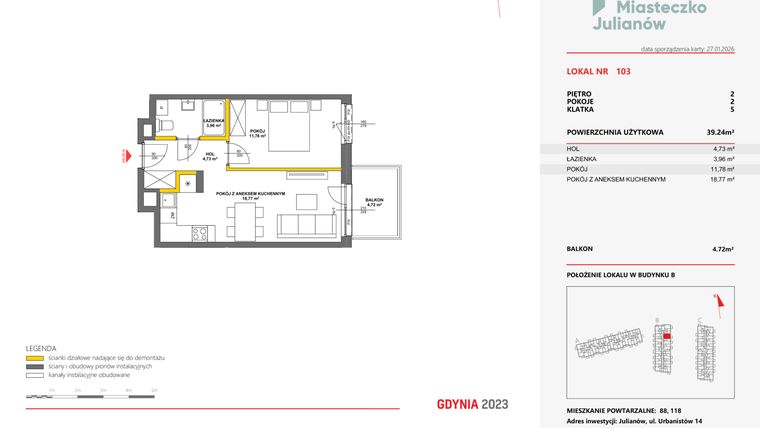 Rzut - Mieszkanie na sprzedaż 2 pokoje o powierzchni 39,01 m² - numer 103 w Miasteczko Julianów