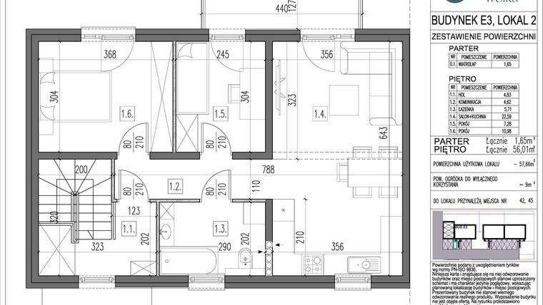 Rzut - Mieszkanie na sprzedaż 3 pokoje o powierzchni 57,66 m² - numer E3.2 w Spokojna Wólka etap V