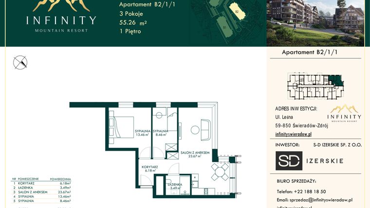 Rzut - Mieszkanie na sprzedaż 3 pokoje o powierzchni 55,26 m² - numer B2.1.1 w Infinity Mountain Resort