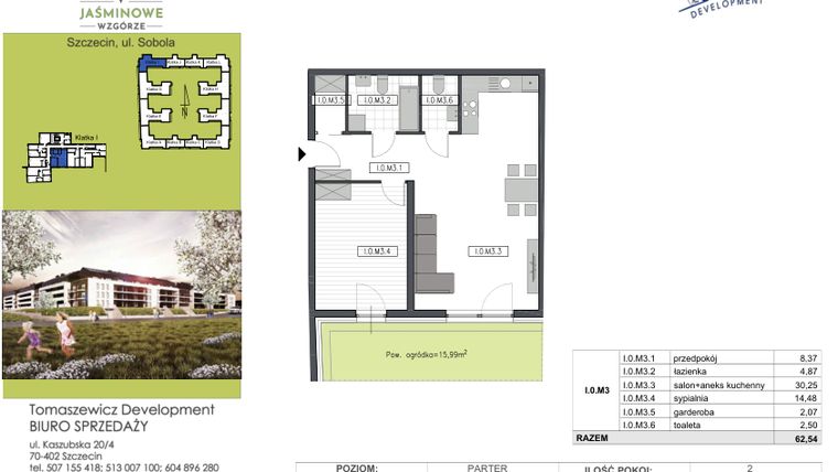 Rzut - Mieszkanie na sprzedaż 2 pokoje o powierzchni 62,54 m² - numer I.0.M3 w Jaśminowe Wzgórze - etap II