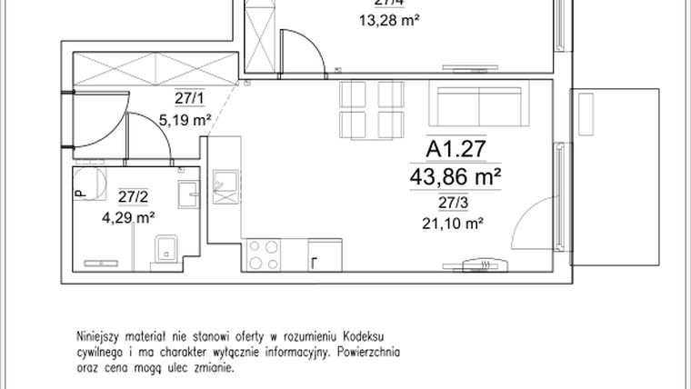 Rzut - Mieszkanie na sprzedaż 2 pokoje o powierzchni 43,86 m² - numer A1.27 w FORTnatura