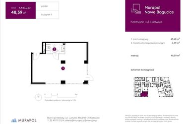 Rzut - Lokal użytkowy na sprzedaż 1 pokój o powierzchni 42,48 m² - numer 1.A.0.LU.02 w Murapol Nowe Bogucice