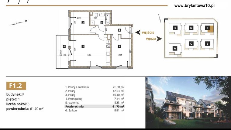 Rzut - Mieszkanie na sprzedaż 3 pokoje o powierzchni 61,7 m² - numer F1.2 w Brylantowa 10