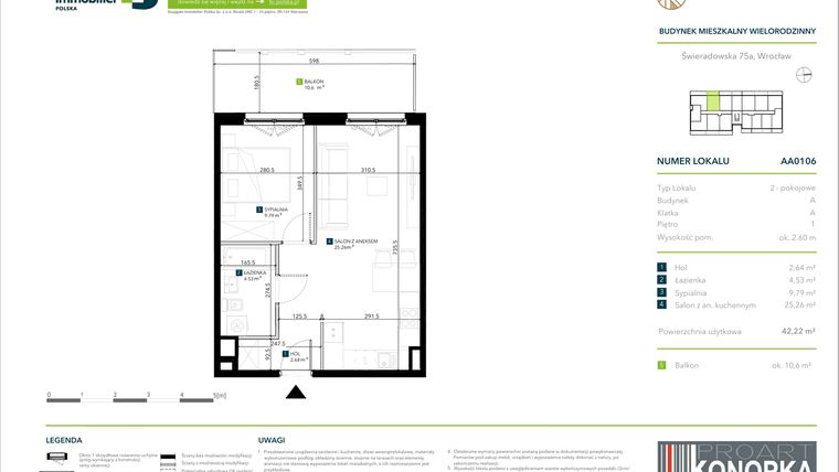Rzut - Mieszkanie na sprzedaż 2 pokoje o powierzchni 42,22 m² - numer AA0106 w Vivre