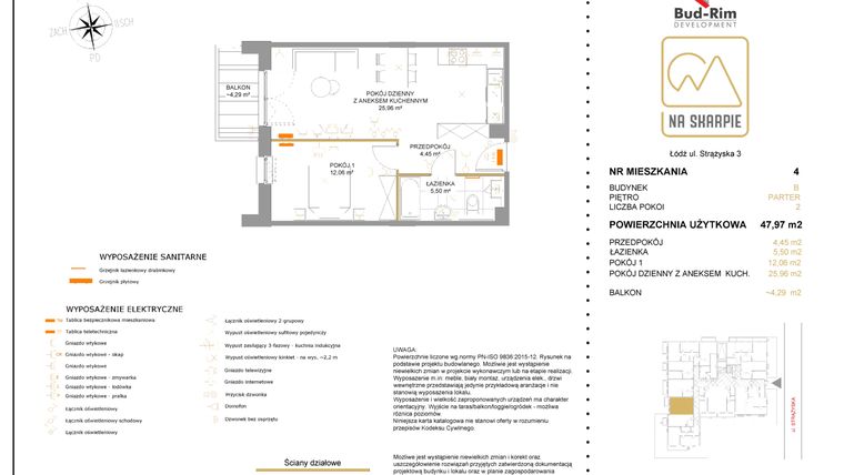 Rzut - Mieszkanie na sprzedaż 2 pokoje o powierzchni 47,97 m² - numer B4 w Na Skarpie bud. B