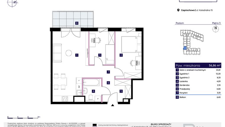 Rzut - Mieszkanie na sprzedaż 3 pokoje o powierzchni 56,86 m² - numer 15/119 w Osiedle Neonowe