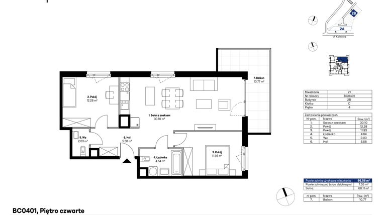 Rzut - Mieszkanie na sprzedaż 3 pokoje o powierzchni 66,56 m² - numer BC0401 w NU2 Warszawa Wola