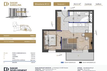 Rzut - Mieszkanie na sprzedaż 2 pokoje o powierzchni 38,12 m² - numer 101 w Osiedle Dakar Karolina