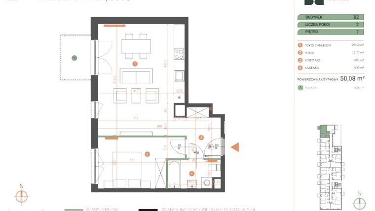 Rzut - Mieszkanie na sprzedaż 2 pokoje o powierzchni 50,08 m² - numer M.07.13 w Casa Feliz Portowa