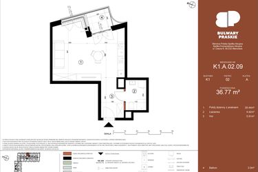 Rzut - Mieszkanie na sprzedaż 1 pokój o powierzchni 36,78 m² - numer K1.A.02.09 w Bulwary Praskie etap K i L