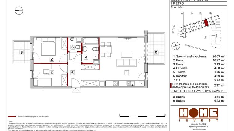 Rzut - Mieszkanie na sprzedaż 3 pokoje o powierzchni 64,26 m² - numer C032 w Nadwiślańska Kaskada