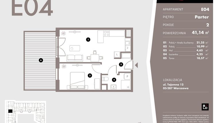 Rzut - Mieszkanie na sprzedaż 2 pokoje o powierzchni 41,14 m² - numer E04 w Livo