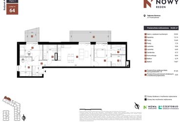 Rzut - Mieszkanie na sprzedaż 4 pokoje o powierzchni 84,86 m² - numer A64 w Nowy Reden