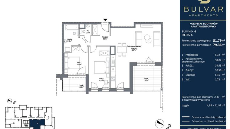 Rzut - Mieszkanie na sprzedaż 3 pokoje o powierzchni 81,75 m² - numer G.11.88 w Bulvar Apartments - etap I