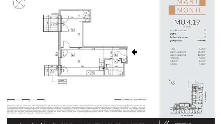 Rzut - Mieszkanie na sprzedaż 2 pokoje o powierzchni 45,64 m² - numer MU.4.19 w Marimonte - apartamenty inwestycyjne